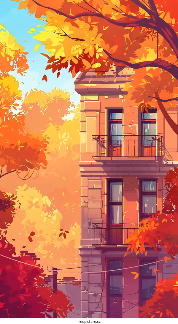 Autumn Leaves and Building Illustration