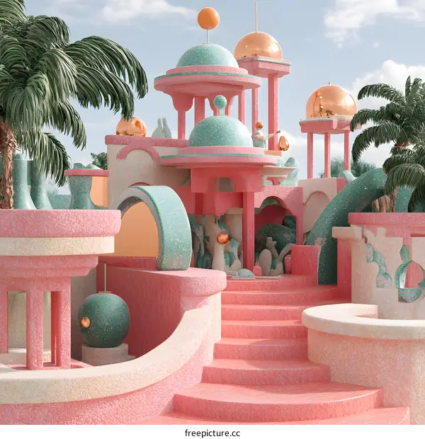 3D Rendered Abstract Architecture With Palm Trees