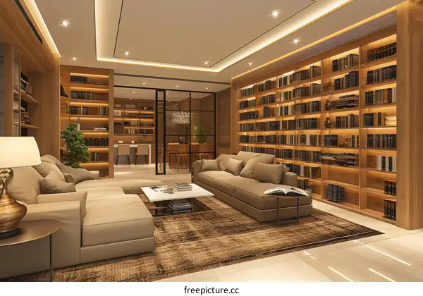 A cozy living room with a library