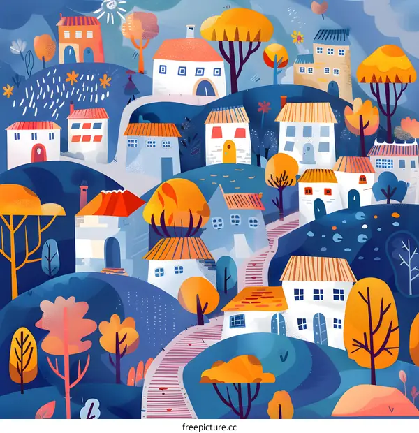 Colorful Illustration of a Small Town with Houses and Trees