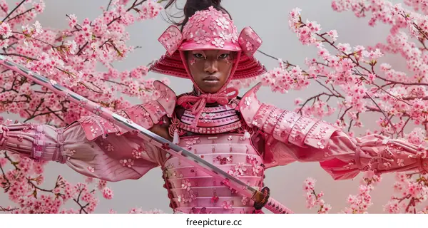 Black Female Samurai with Pink Armor and Katana Stands Before Cherry Blossoms