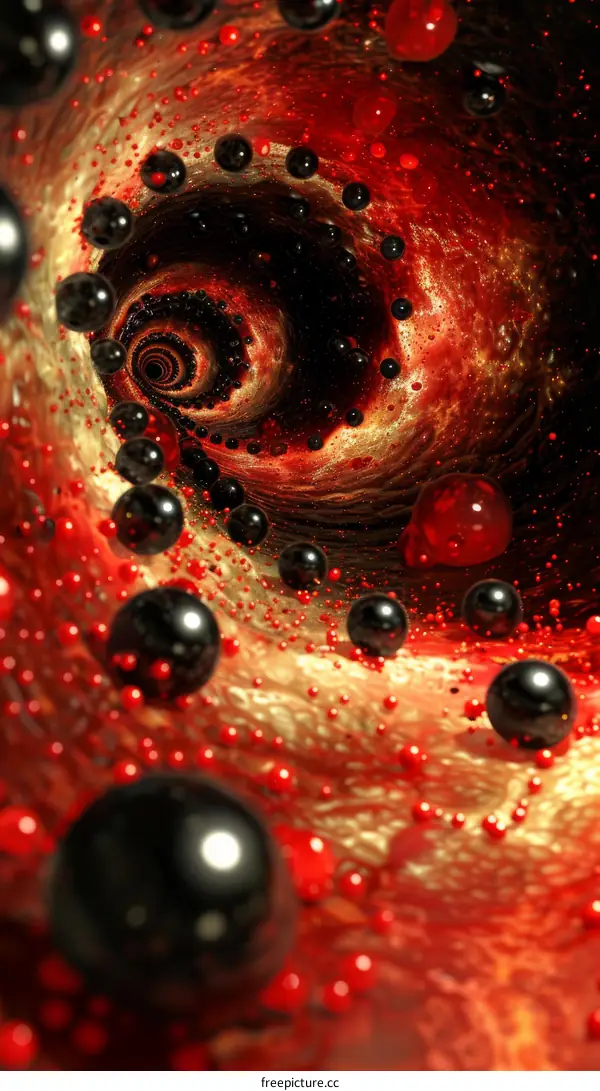 Black and red spheres floating in a red liquid tunnel