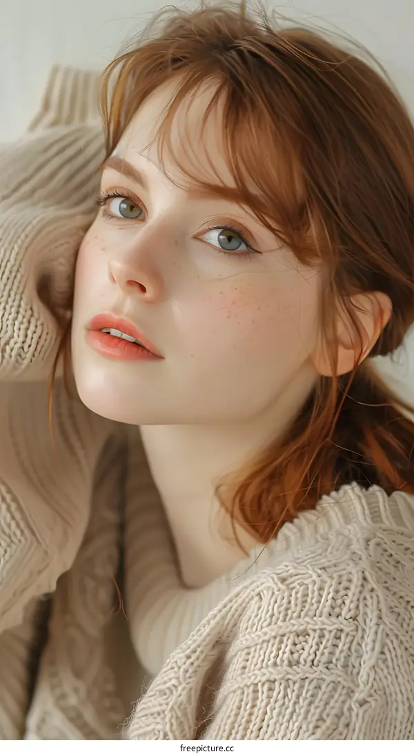 Portrait of a young woman with red hair and freckles