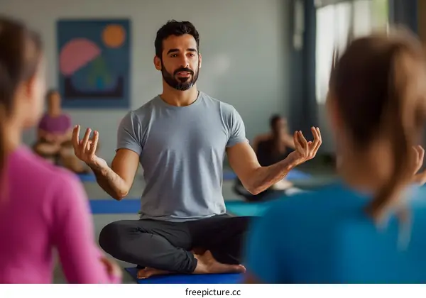 Yoga Instructor Leading a Group Meditation Class in a Studio