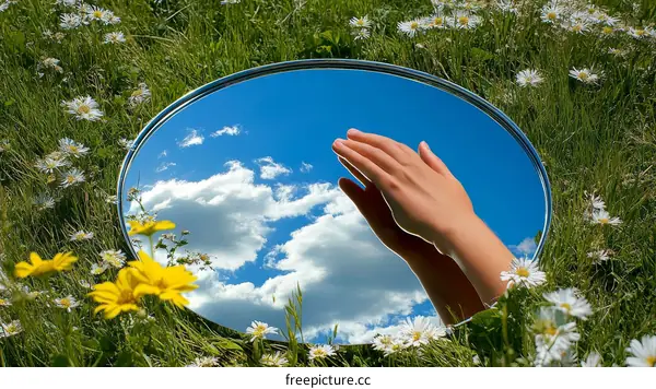 Mirror Reflection of Sky and Hands in Nature