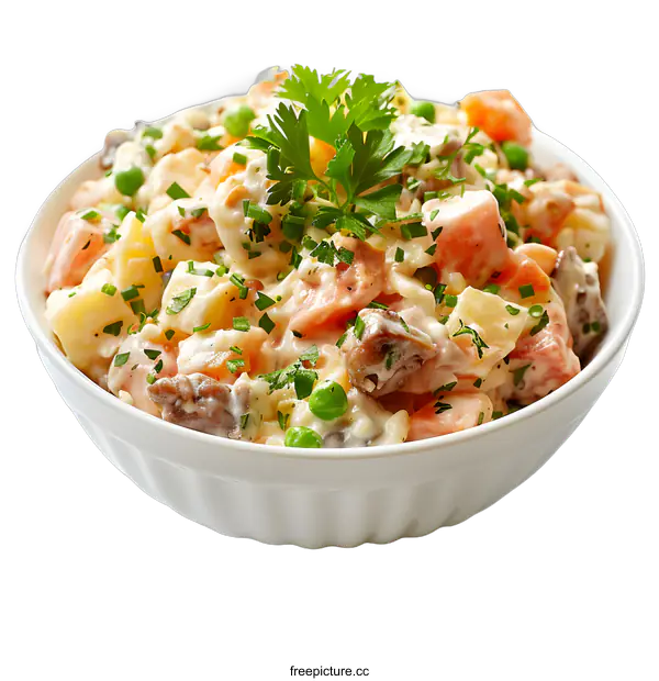 [Transparent Background PNG]Fresh potato salad with vegetables in white bowl
