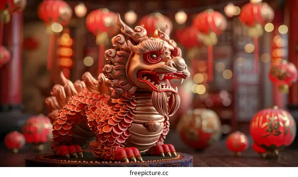 A scene of Chinese traditional lion dance performance during the Lantern Festival