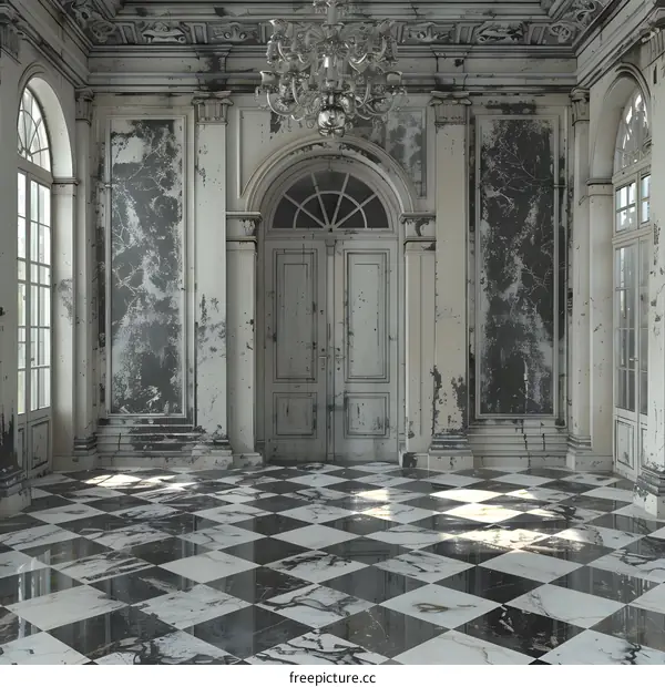 ornate ballroom with a black and white marble floor