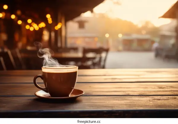 A cup of coffee on a wooden table in the morning