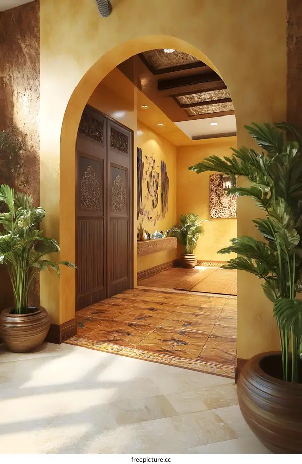 Archway Entrance To Interior With Wooden Door And Yellow Walls