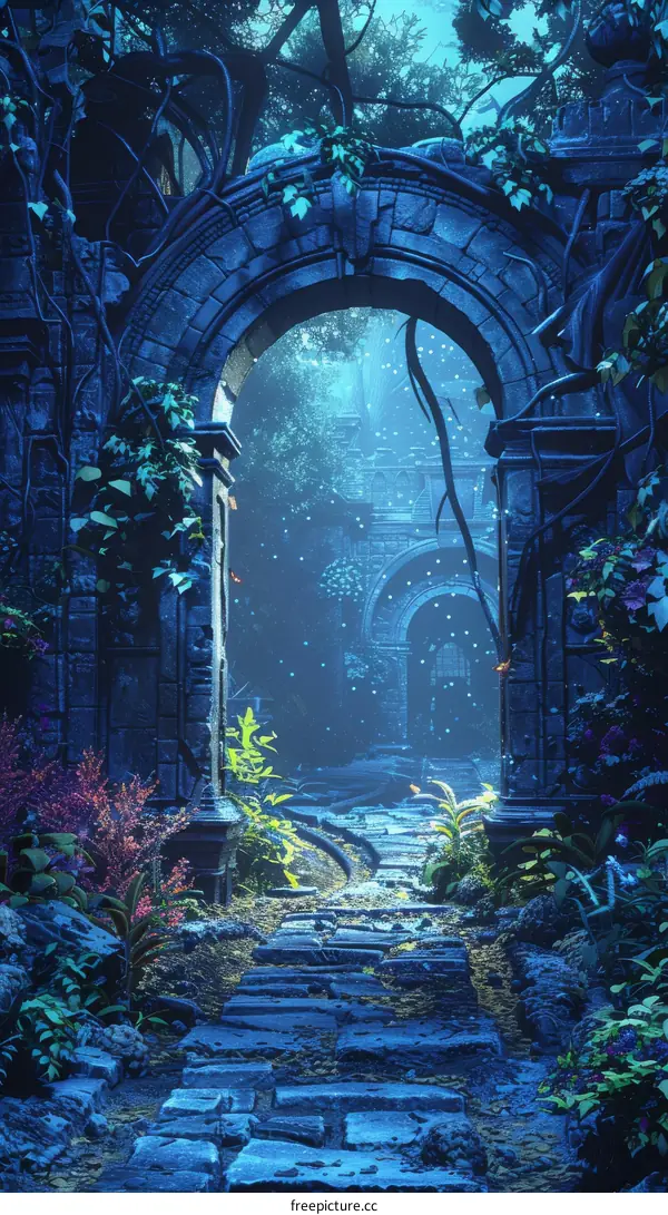 Overgrown Ruins Archway in a Dense Forest Under Moonlight