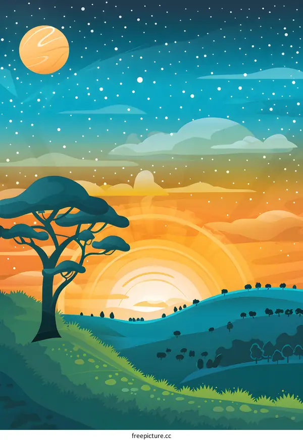 Sunrise Over Hills with a Tree and Stars in Sky