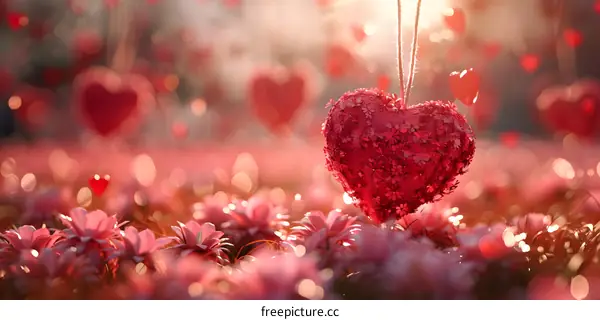 A heart-shaped balloon in a field of flowers