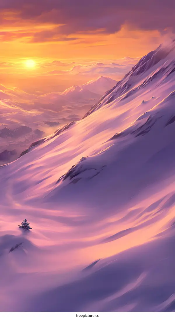 Mountain Landscape with Pink Sky and Sunset