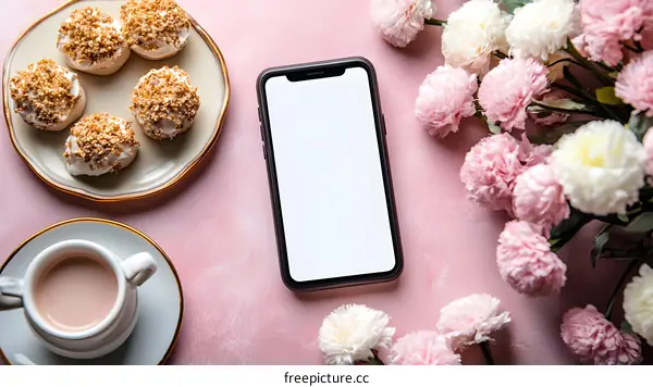 Flat Lay of Coffee, Cookies and Phone with Flowers on Pink Background