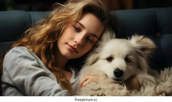 Portrait of a young woman with a white dog