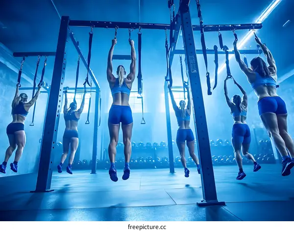 Women Exercising With Suspension Training System In Fitness Gym