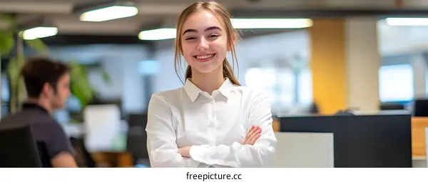 Smiling Woman in White Shirt Confidently Posing with Crossed Arms in Modern Office