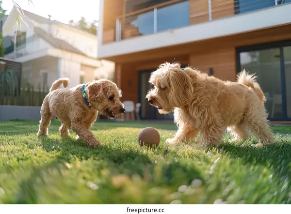 Two small dogs playing fetch in the backyard
