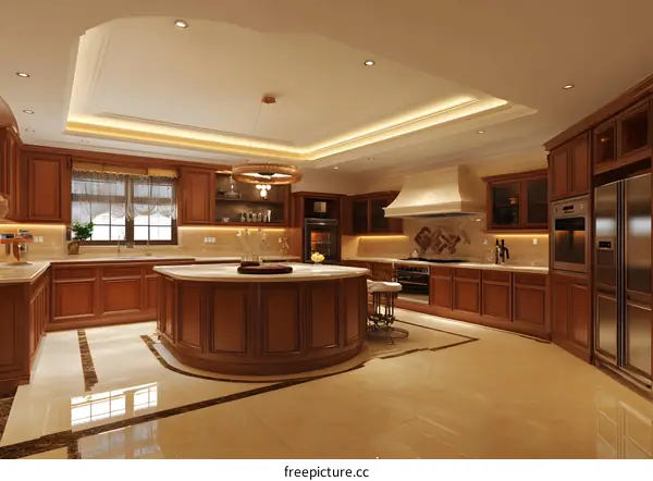 Modern Kitchen Interior Design With Curved Island and Wood Cabinets