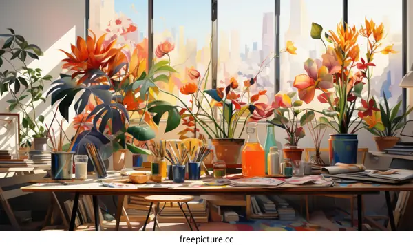 A table full of flowers and plants in an art studio