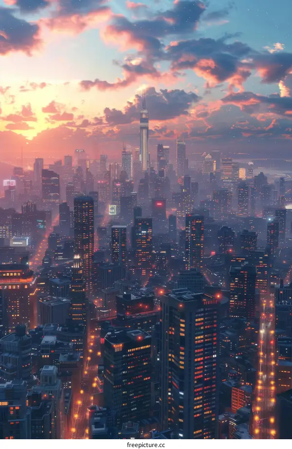 Bustling Metropolis Skyline at Sunset