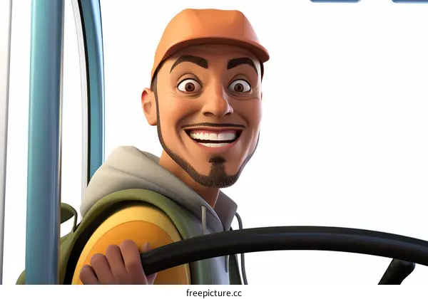 Male delivery driver in uniform driving a delivery van