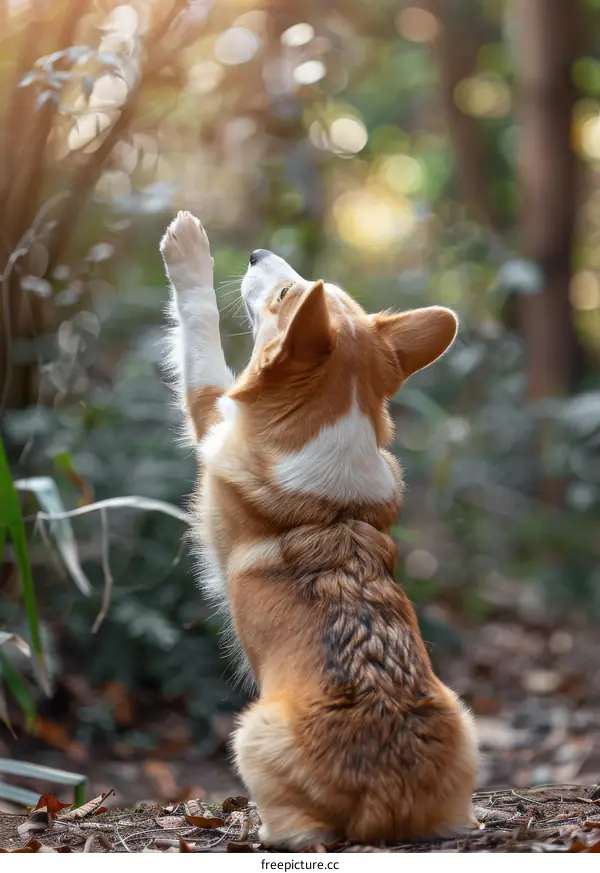 A cute corgi dog sitting in the forest and raising its paw