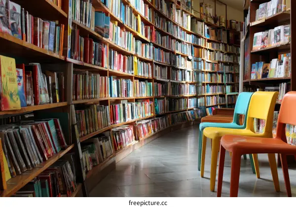 Well-lit Library with Bookshelves and Colorful Chairs
