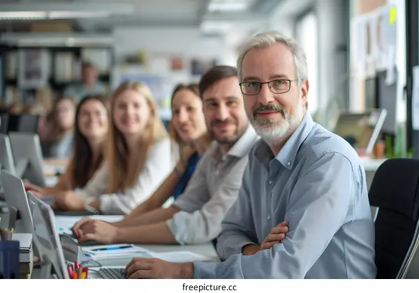 A group of business people sitting around a table and smiling at the camera