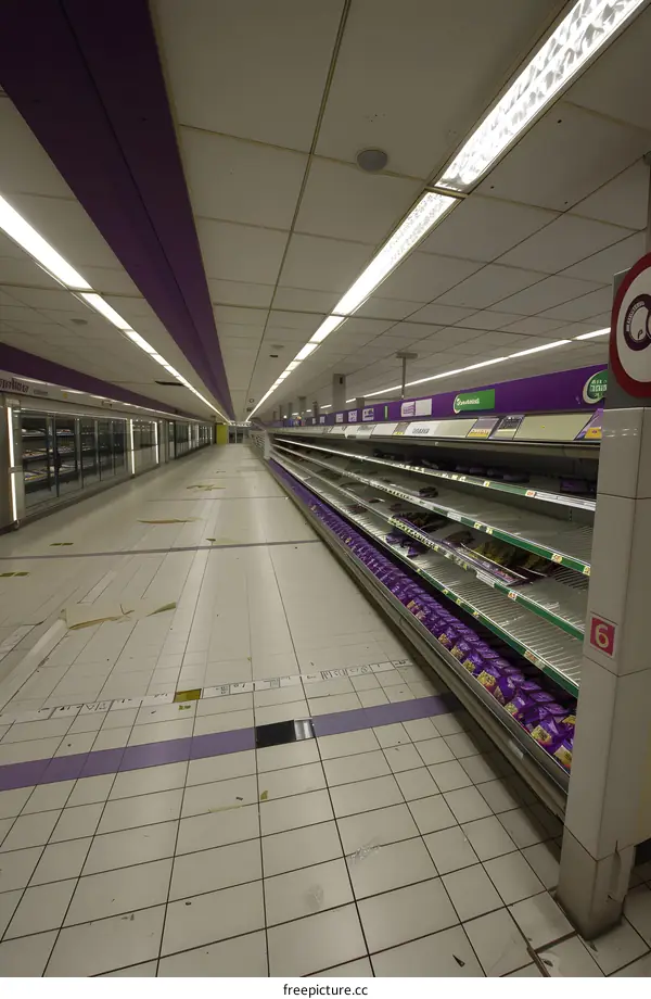 Empty Supermarket Aisle with Purple and White Tile Floor