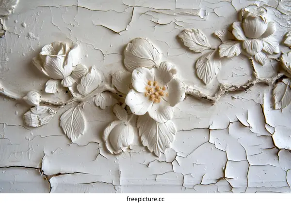 White bas-relief of flowers and leaves on a cracked wall