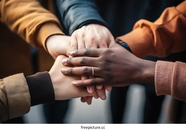 A group of diverse people joining their hands together