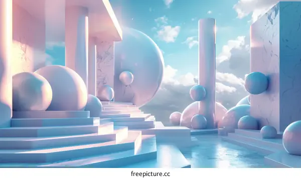 3D rendering of a surreal dreamscape with pastel colors and floating spheres