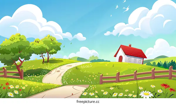 Cartoon Illustration of a Beautiful Countryside Landscape with a House, Trees, and Flowers