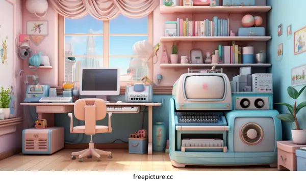 A pink and blue retro themed home office