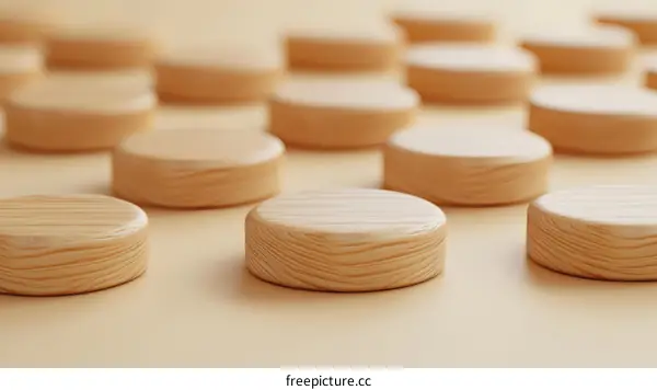 Wooden Circle Display Stands on Beige Background