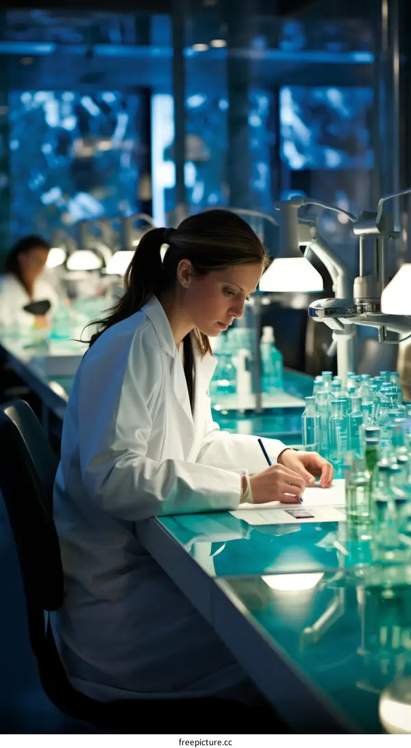 Female scientist writing down experimental results in a laboratory