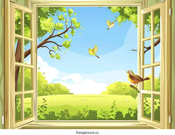 Open Window View of Spring Landscape with Birds