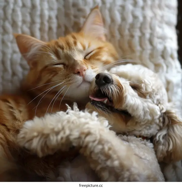 Orange cat and white dog sleeping together