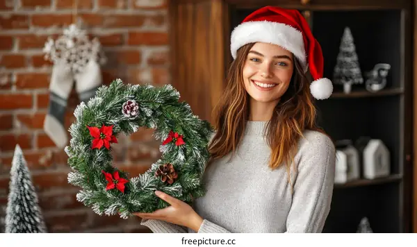 Smiling Woman Holding a Christmas Wreath