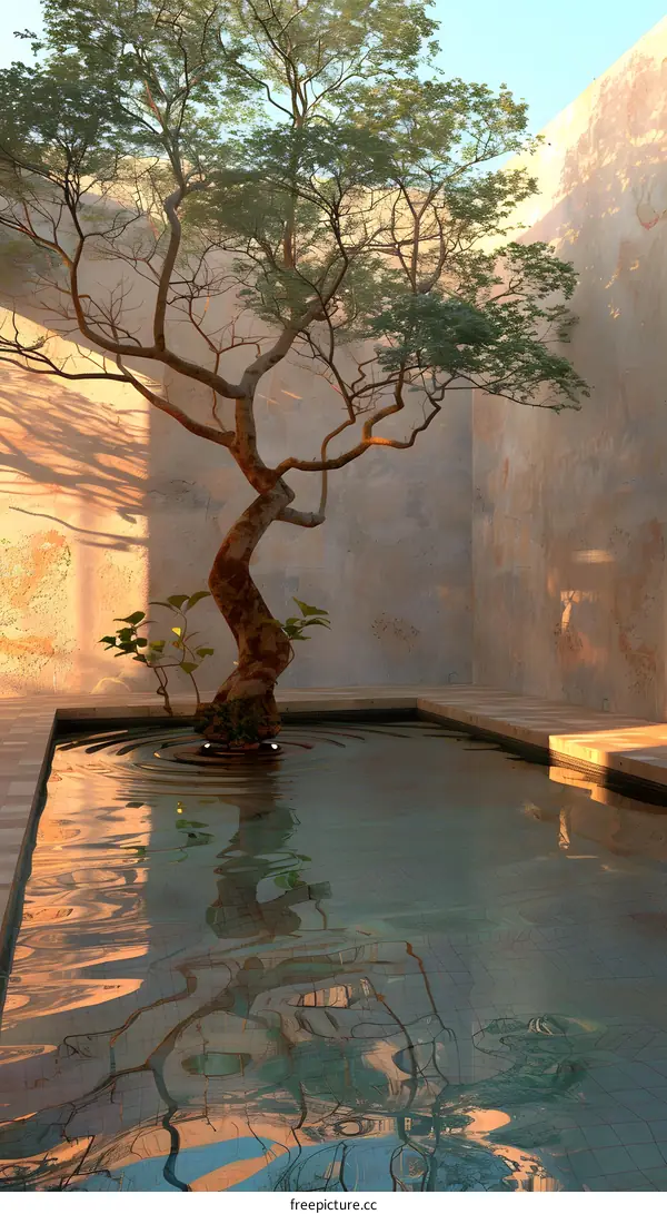 Minimalist Bonsai Tree Reflection In Water