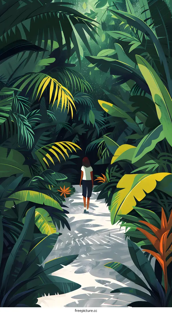 Woman Walking Through Lush Jungle Path