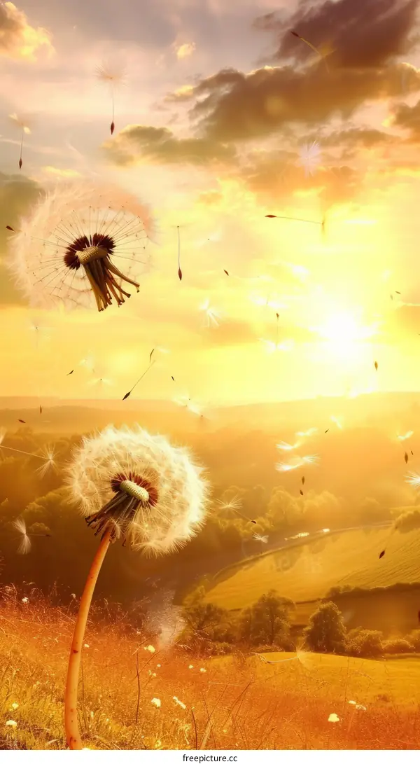 Dandelions blowing in the wind with the sun in the background