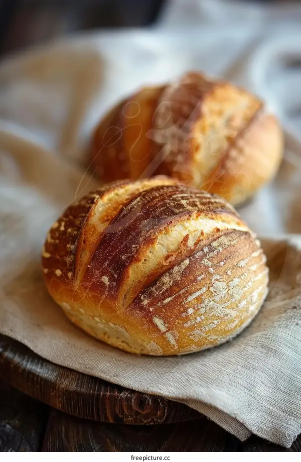Two Freshly Baked Artisan Bread Loaves on Linen