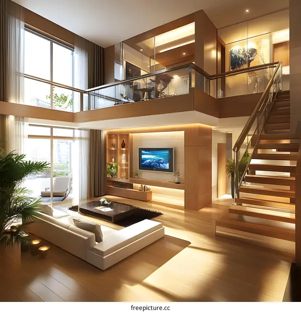 Modern Living Room Interior Design with Wooden Floors and a Loft