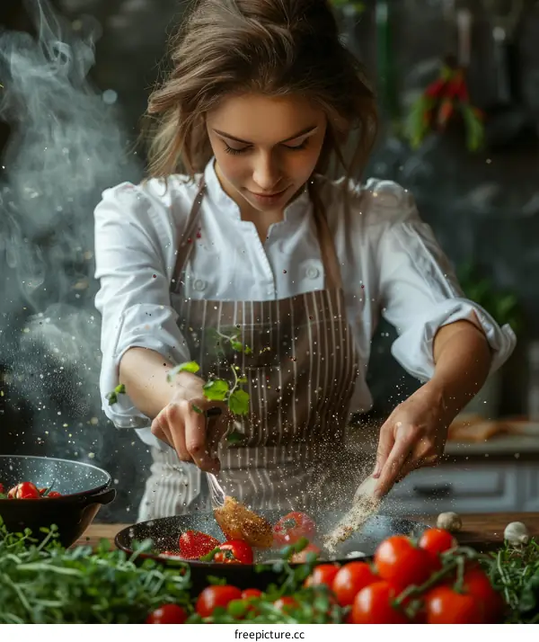 Focused female chef seasoning food in a pan