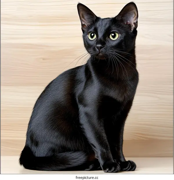 Black Cat Portrait on Light Wood Background