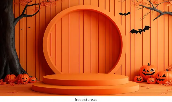 Halloween Orange Background with Pumpkins and Bats