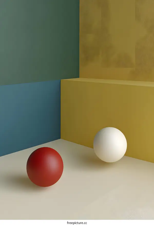 Abstract Minimalist 3D Rendering with Red and White Spheres on a Colorful Background